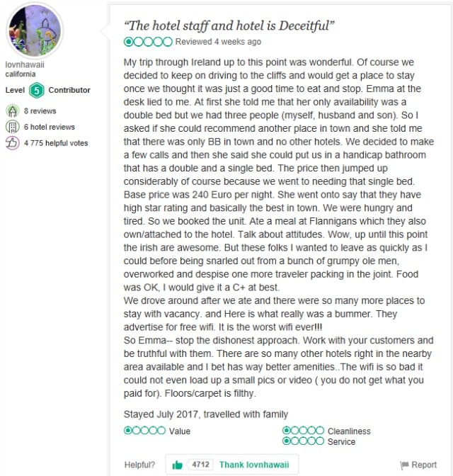 Doolin hotel manager's response to this negative review is epic.