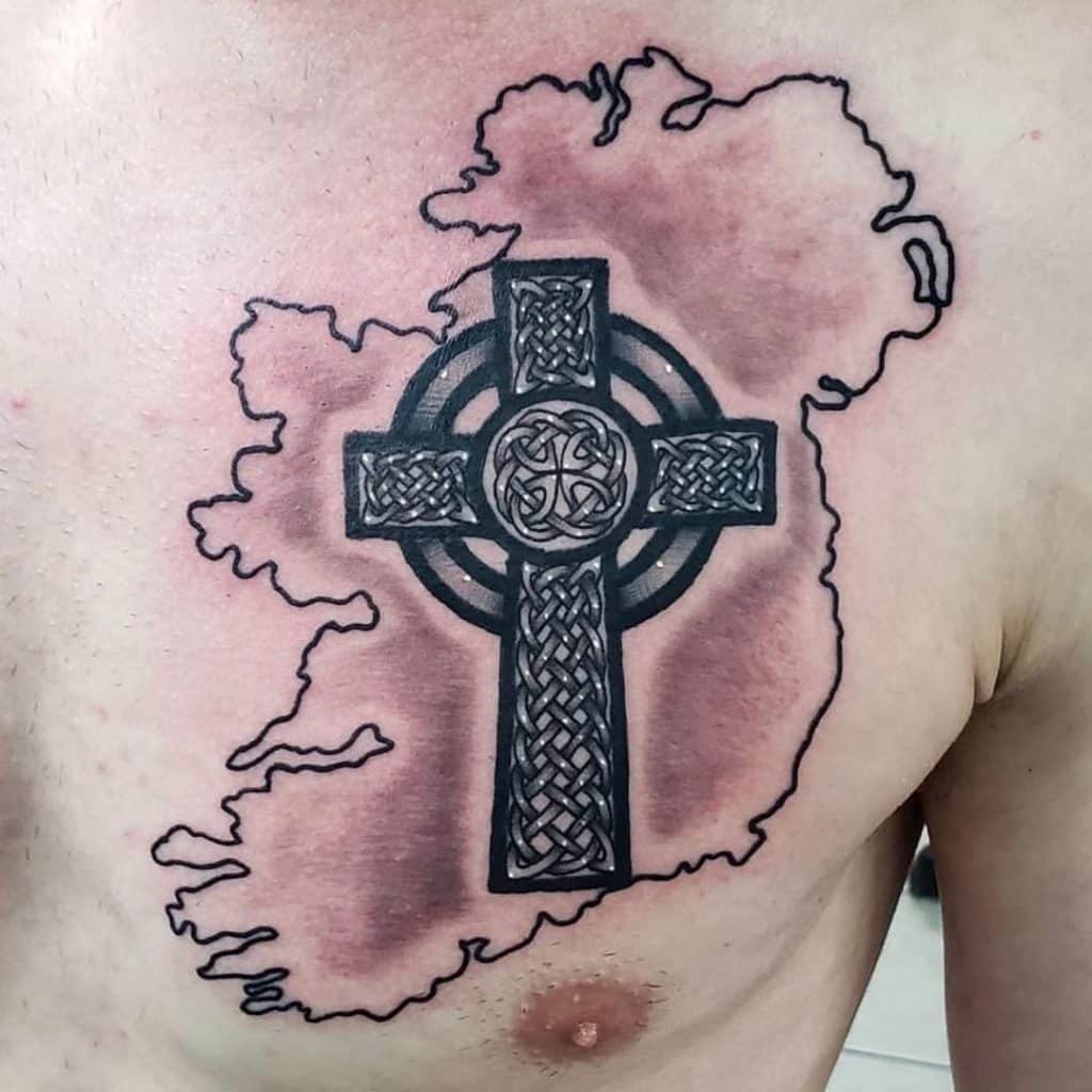 Angelo Tiffe made this tattoo of a Celtic cross inside an outline of Ireland