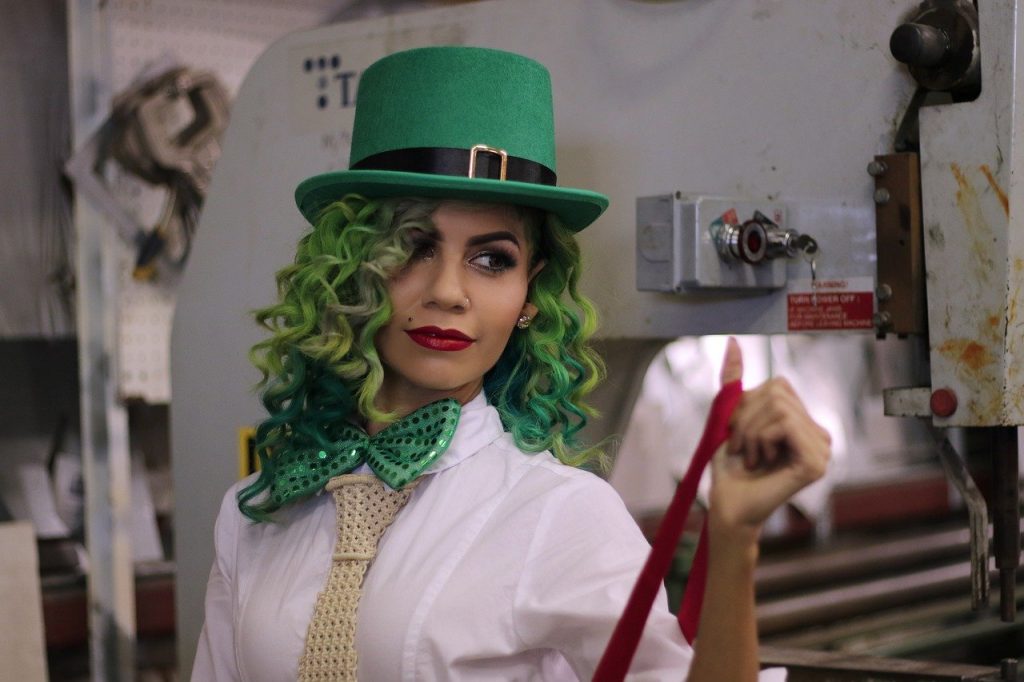 Why not pair curly green hair with a green top-hat to complete this Irish look.