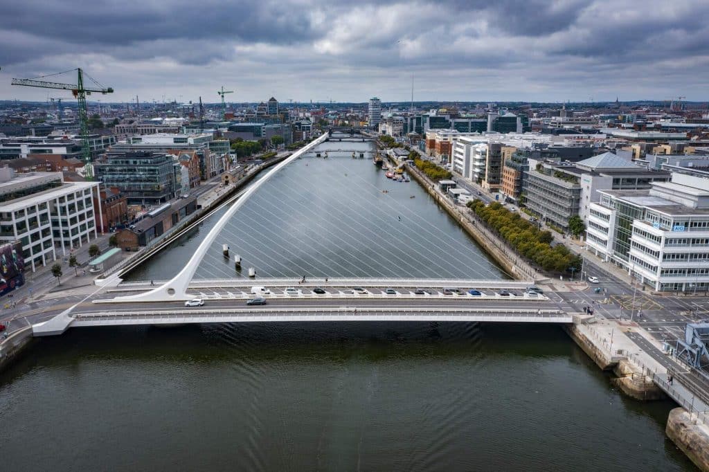 The River Liffey and the Samuel Beckett Bridge in Dublin. 