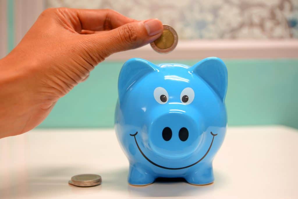 Someone putting euros in a blue piggy bank.