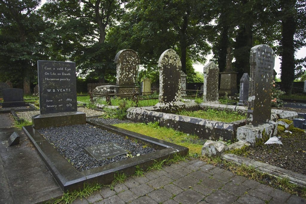 A shot of W.B. Yeats's grave in Sligo. The tombstone quotes his poem 'Under Ben Bulben: 'Cast a cold eye / On life, on death. / Horseman, pass by!'.