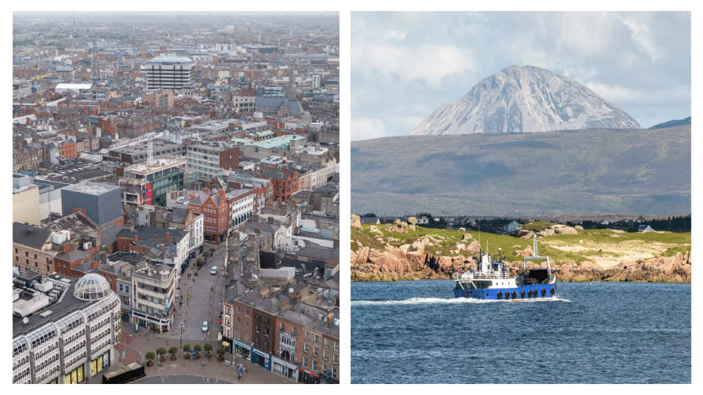Is Donegal better than Dublin? This photo shows an aerial view of Dublin around Grafton Street on the left, with a view of Mount Errigal in Donegal on the right.