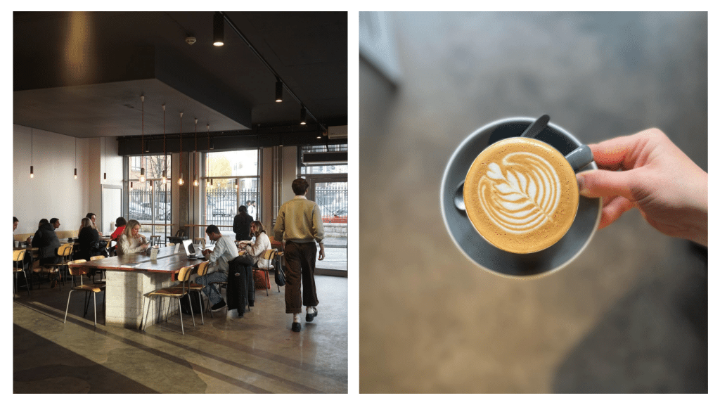 A shot of Belfast's Established Coffee on a busy morning (left) and an anonymous hand holding a coffee from the cafe (right).