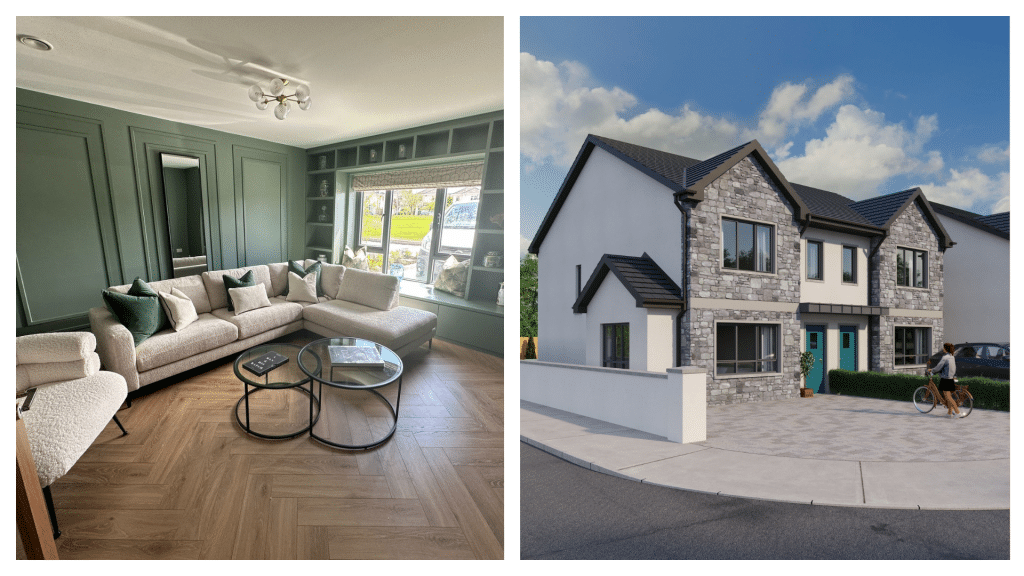 A living room (left) and an artist's impression of the outside (right) of the dream home you could win along the Wild Atlantic Way.