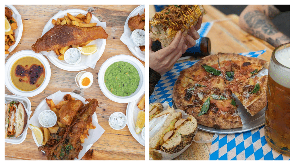 Fish and chips from Fin (left) and pizza from Pi Guy (right) at Belfast's Trademarket.