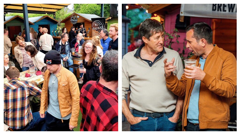 A crowd of people enjoying last year's Kilkenny Beer Festival (left) and two men discussing beer over a pint (right).