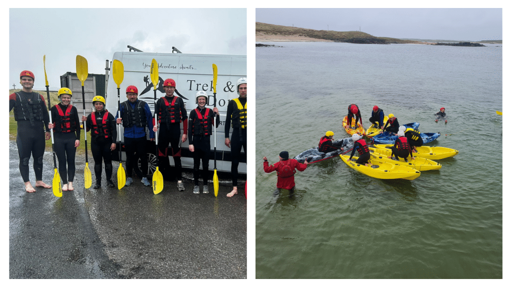Our group at Trek & Paddle Donegal before we got out on the water (left) and the group taking part in activities in the water (right).