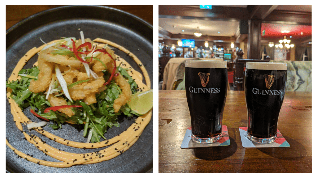 Salted chilli squid (left) and two pints of Guinness (right) from Dillons Hotel, Letterkenny.