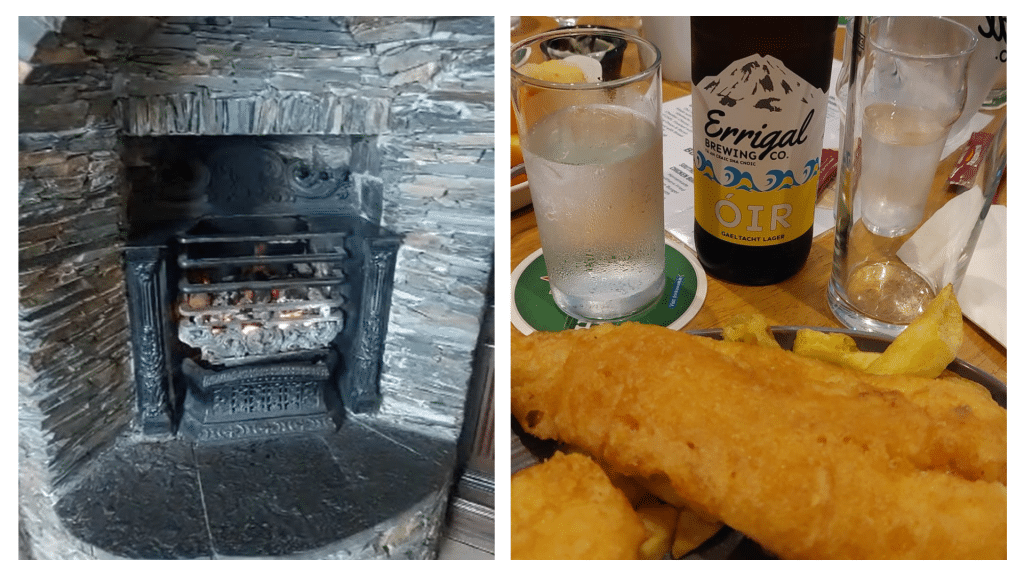 The fireplace (left) and the fish and chips (right) available at the Caisleáin Óir Hotel.