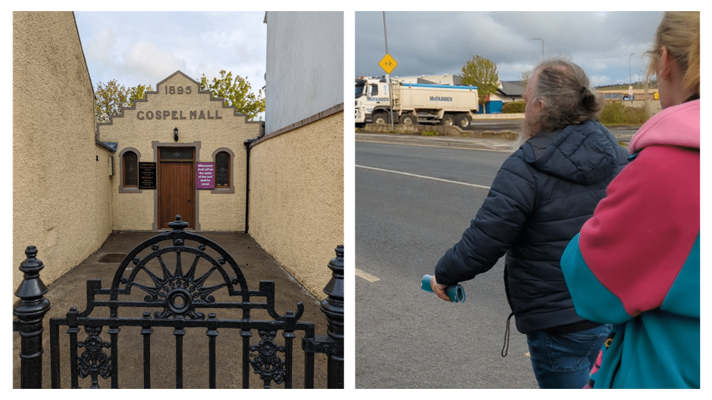 A gospel hall in Letterkenny, established in 1895 (left) and Thomas leading us through a tour of the town (right).