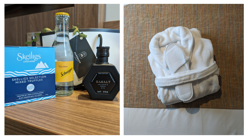 A box of truffles, a bottle of tonic, and a bottle of gin (left) and a robe and slippers (right) courtesy of Dillons Hotel, Letterkenny.