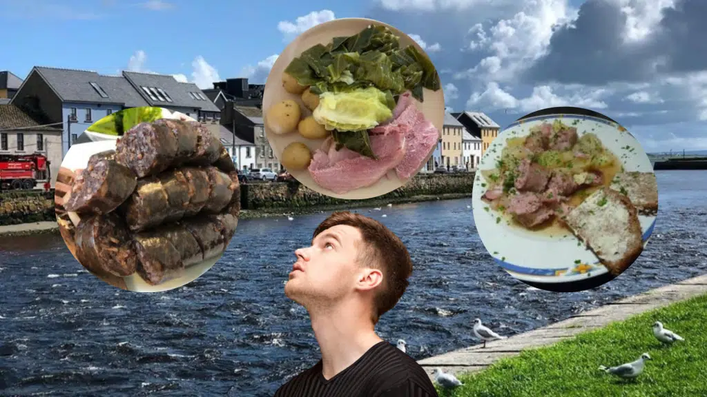 A collage of traditional Irish dishes like coddle and drisheen overlaid on a man thinking by the River Corrib.