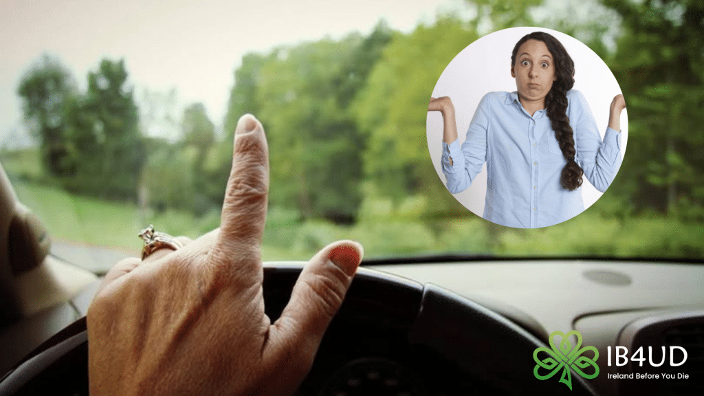 A collage for an article on Irish culture featuring a driver's hand performs the "one-finger salute" greeting from a steering wheel, set against a blurred rural background with a circular overlay of a confused woman.