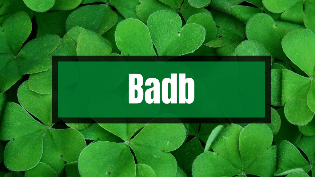 Badb Irish name against the background of green shamrocks.