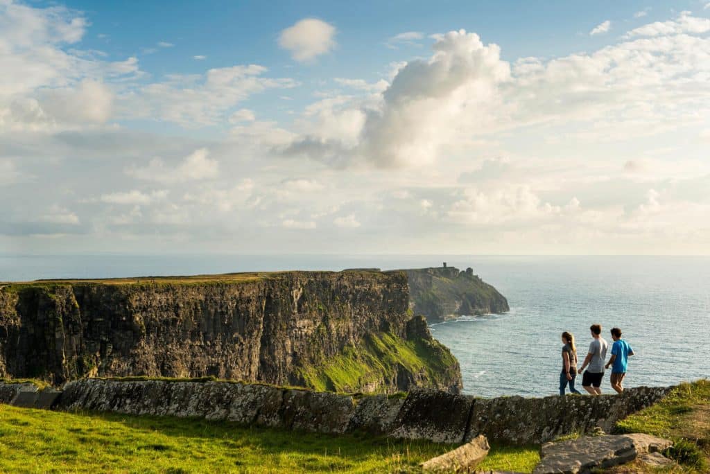 Friends walking the cliff top walk along the Cliffs of Moher.