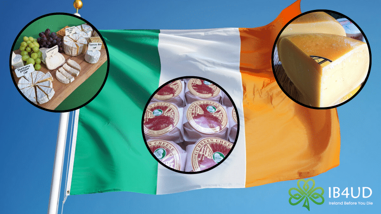 Irish flag in the background with 3 circles containing Irish cheeses.
