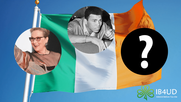 Irish flag in the background with 3 circles on it: The first circle has a photo of Meryl Streep in it, the second one is Muhammad Ali, and the third circle is a question mark.