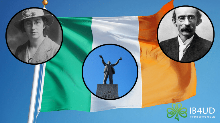 The Irish flag in the background with three circles on it. The first circle has a photo of Margaret Skinnider, the second one is a photo of Tom Clarke, and the third photo is of the Jim Larkin statue in Dublin.