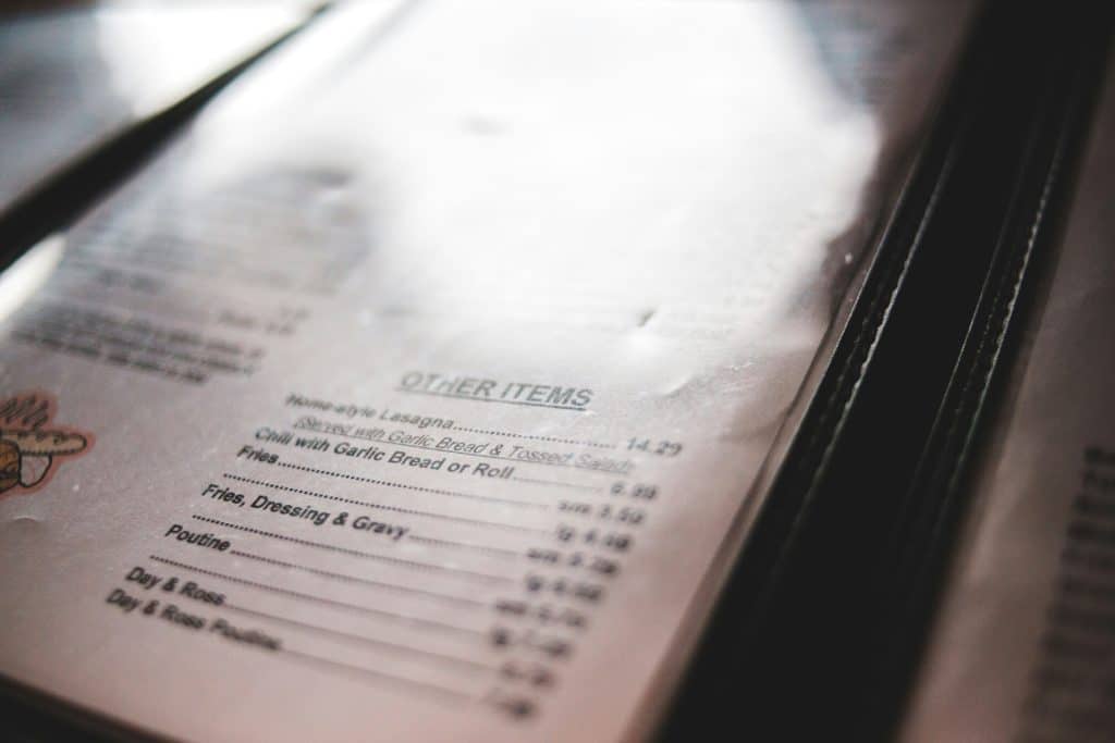 Picture of a laminated menu.