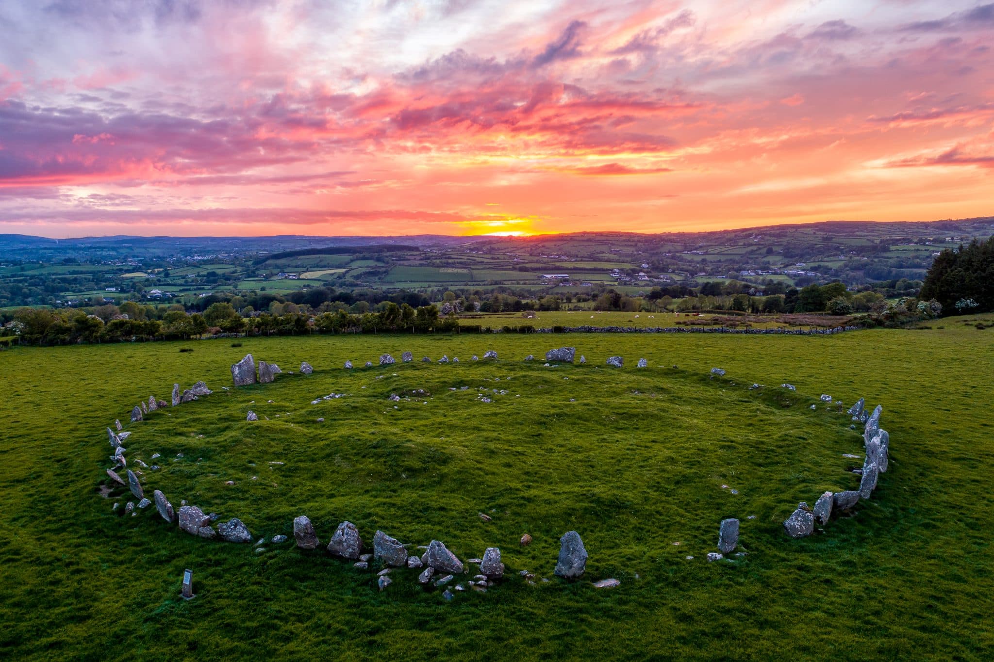 Picture of Beltany stone circle at sunset.