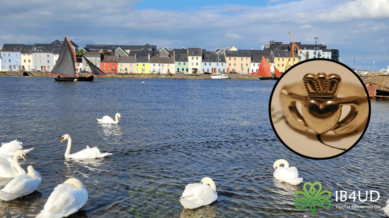 Galway's waterfront with colourful houses, boats, and several swans in the background. Added to it is a circle with the photo of a Claddagh ring.