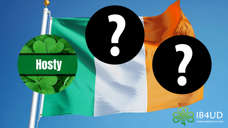 The Irish flag in the background with three circles on it. Circle one has the name Hosty in it. The other two have question marks in them.