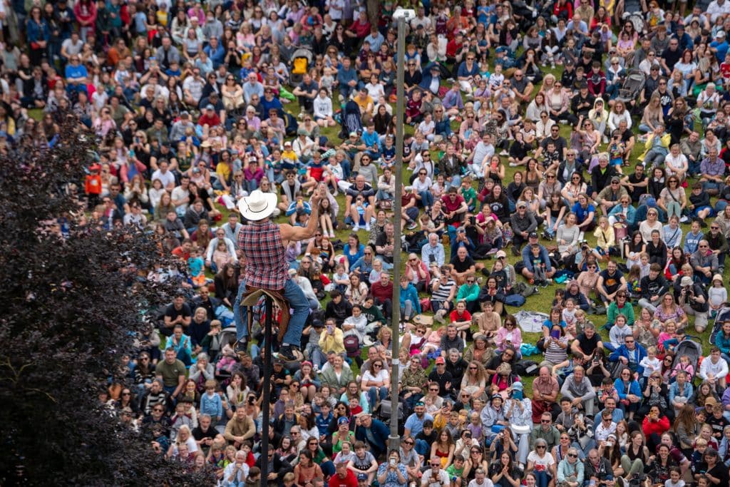 Picture of Galway International Arts Festival in 2024. Featuring les P'Tit Bras' West Wind on Eyre Square, in Galway City.