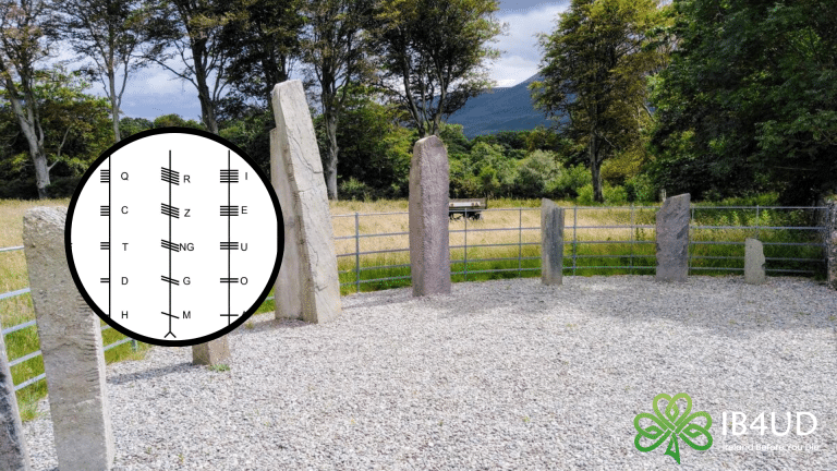 The background is an image of a stone circle in Ireland. There is a circle with the ogham alphabet on top of it.
