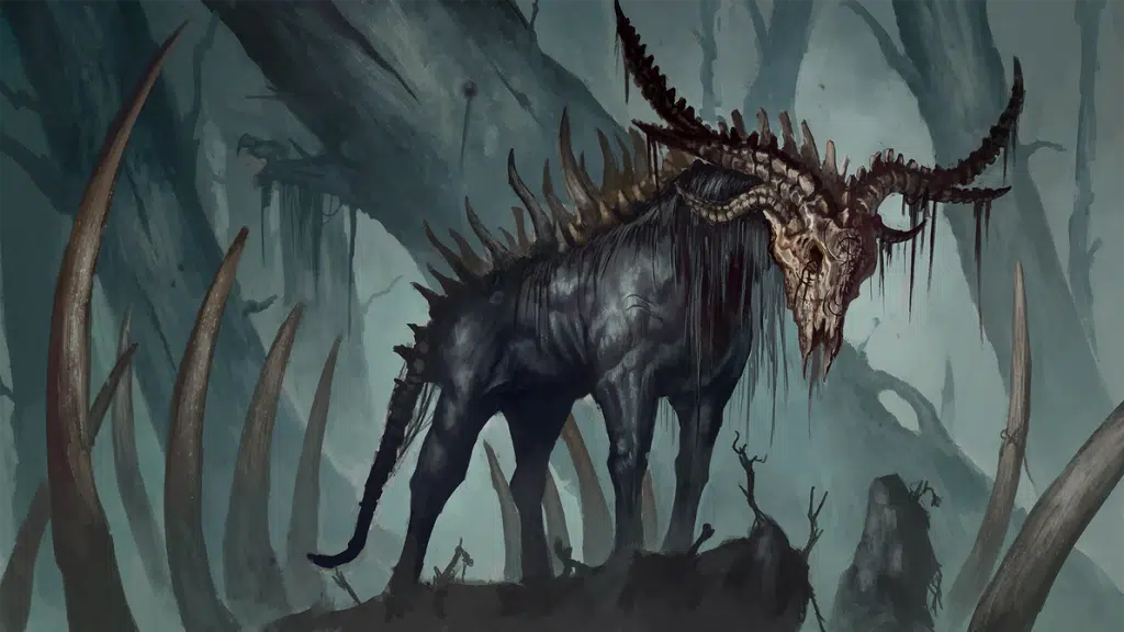 A horned, demonic creature stands surrounded by trees, a possible form of a puca.