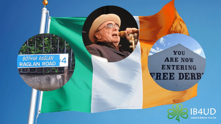 Irish flag in the background with three circles on it. Circle 1 has the Raglan Road sign in it, circle 2 is a photo of Van Morrison singing, and circle 3 has the mural with "You are now entering Free Derry".