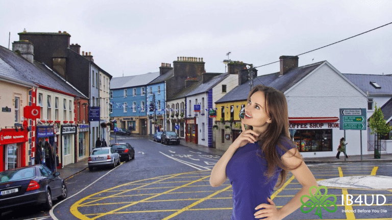 A thoughtful woman overlaid on a street view of Carrick-on-Shannon town in County Leitrim.