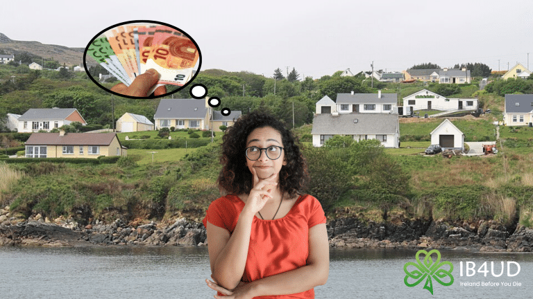A thinking person with a thought bubble of money over an Irish coastal village.