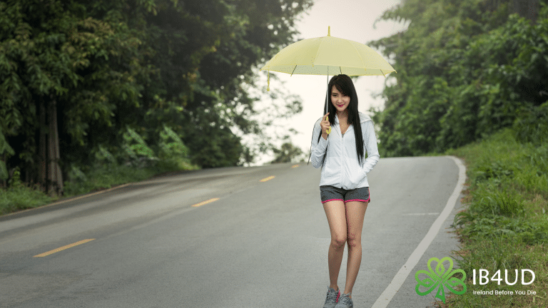 Featured image of a young woman holding an open yellow umbrella on a quiet road surrounded by lush trees.
