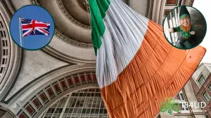 A picture of the Irish flag with the Union Jack in a circle on the left and Leprechaun in a circle on the right.