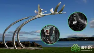 background photo of the children of lir in ballycastle with circular images of a sluagh and a dearg due.