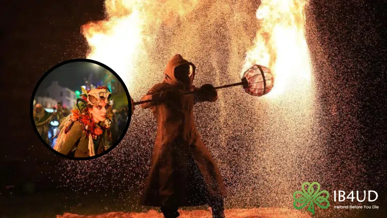 In the background, there is a fire show performer standing in the fire. In the foreground, there is a circle with the image of a Macnas parade performer.