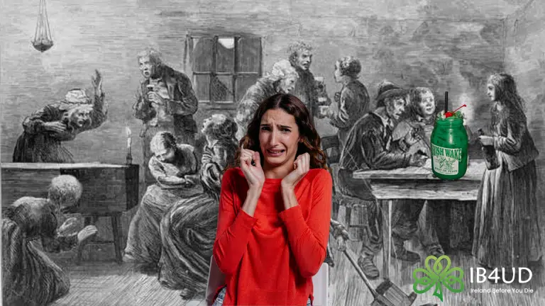 old drawing of an irish wake with a modern girl crying and an irish wake drink on the table.
